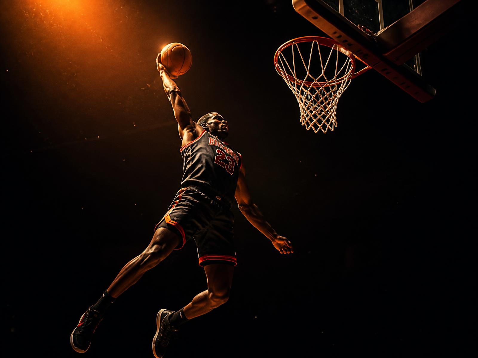Joueur de Toulouges Basket au dunk sous les projecteurs